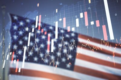 Double exposure of abstract creative financial diagram and world map on US flag and blue sky background, banking and accounting concept