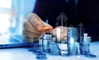Stack of coins with trading price graph growth.Money business financial graph diagram of coin. Financial growth data or investment market profit bar and success report.Saving money concept.