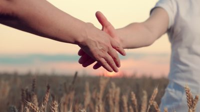Handshake of woman partners in wheat field. Two farmers shake hands with computer tablet, conclude contract in wheat field, sun. Work in team of business partners. Sale of grain Agricultural industry