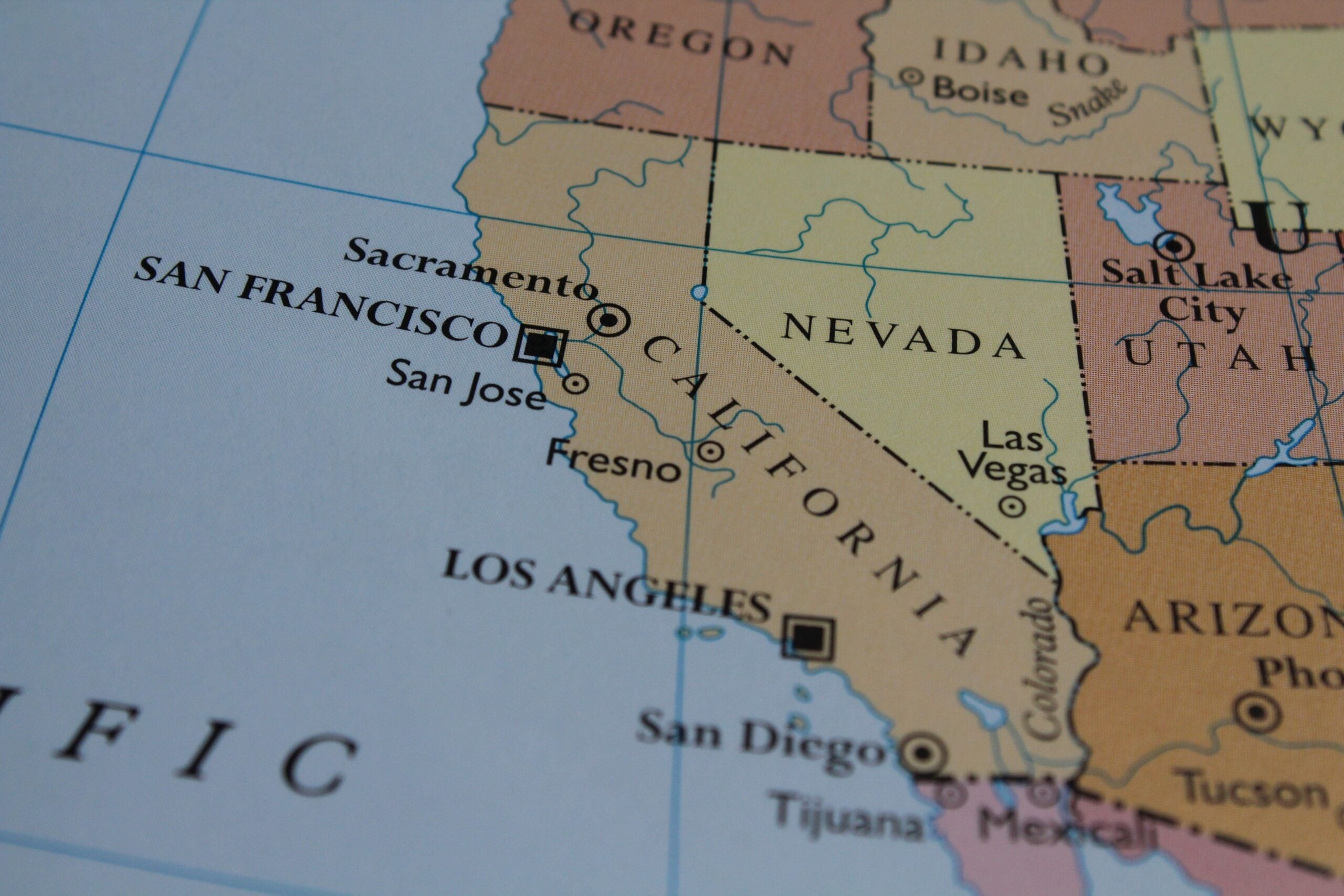 Close up of the USA on a map with California in sharp focus. California on the map of USA