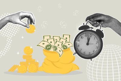 Fashionable halftone collage. The concept of financial gain, time management, wealth management, increasing profits, time is money. Proper time management for financial growth . Illustration for