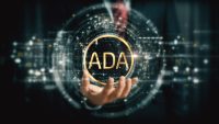 A visionary businessman extends his hand, unveiling a vibrant futuristic holographic display showcasing global crypto trading, business analytics, stock exchanges, and market trends : Cardano, ADA
