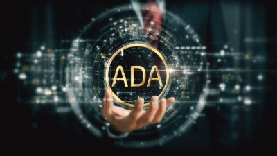 A visionary businessman extends his hand, unveiling a vibrant futuristic holographic display showcasing global crypto trading, business analytics, stock exchanges, and market trends : Cardano, ADA
