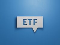 ETF - word concept on building blocks, text, letters.Minimalist Abstract Design With White Cut Out Paper.3D rendering on blue background.