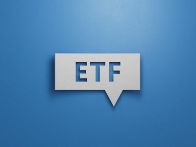 ETF - word concept on building blocks, text, letters.Minimalist Abstract Design With White Cut Out Paper.3D rendering on blue background.