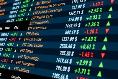 ETF (Exchange Trade Funds) trading sheet with different investment opportunities. Country ETF, commodity ETF, sector  ETF. Banking, stock market and exchange, growth, strategy. 3D illustration