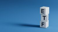 ETF - word concept on building blocks, text, letters.close up of wooden elements,Business Concept.3D rendering on blue background.