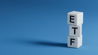 ETF - word concept on building blocks, text, letters.close up of wooden elements,Business Concept.3D rendering on blue background.