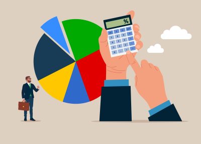 Tiny businessman and hand with calculator with Pie chart. New taxes. Excise tax and banking. Modern vector illustration in flat style