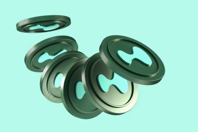 3D rendering design of cryptocurrency Hyperliquid HYPE floating coins isolated on soft teal background.
