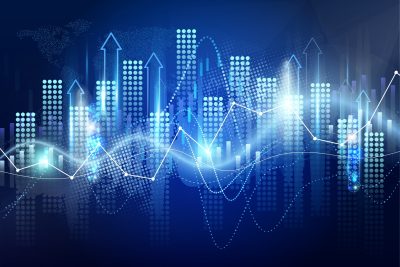 Abstract financial data graph featuring candlestick and line charts