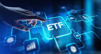 ETF Exchange-Traded Fund Investment Strategy, projection on a virtual screen, Business and Technology Concept.