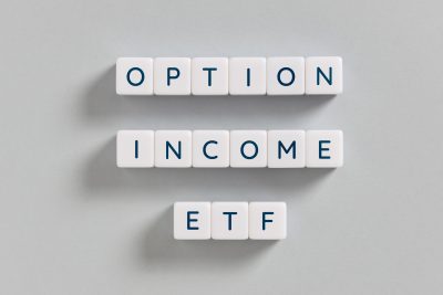 option income etf words on white cubes on gray background