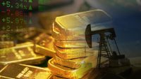 Fluctuations in oil and gold prices. Commodities market, economic data, and energy industry; stack of gold bullion bars with an oil pumpjack silhouette and financial trading charts.