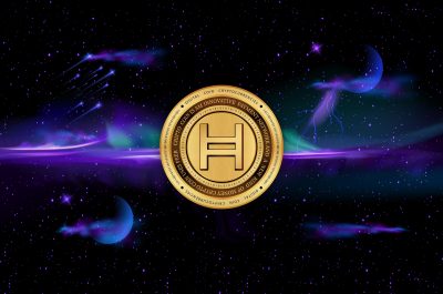 hedera hashgraph-hbar cryptocurrency logos drawings on digital background.