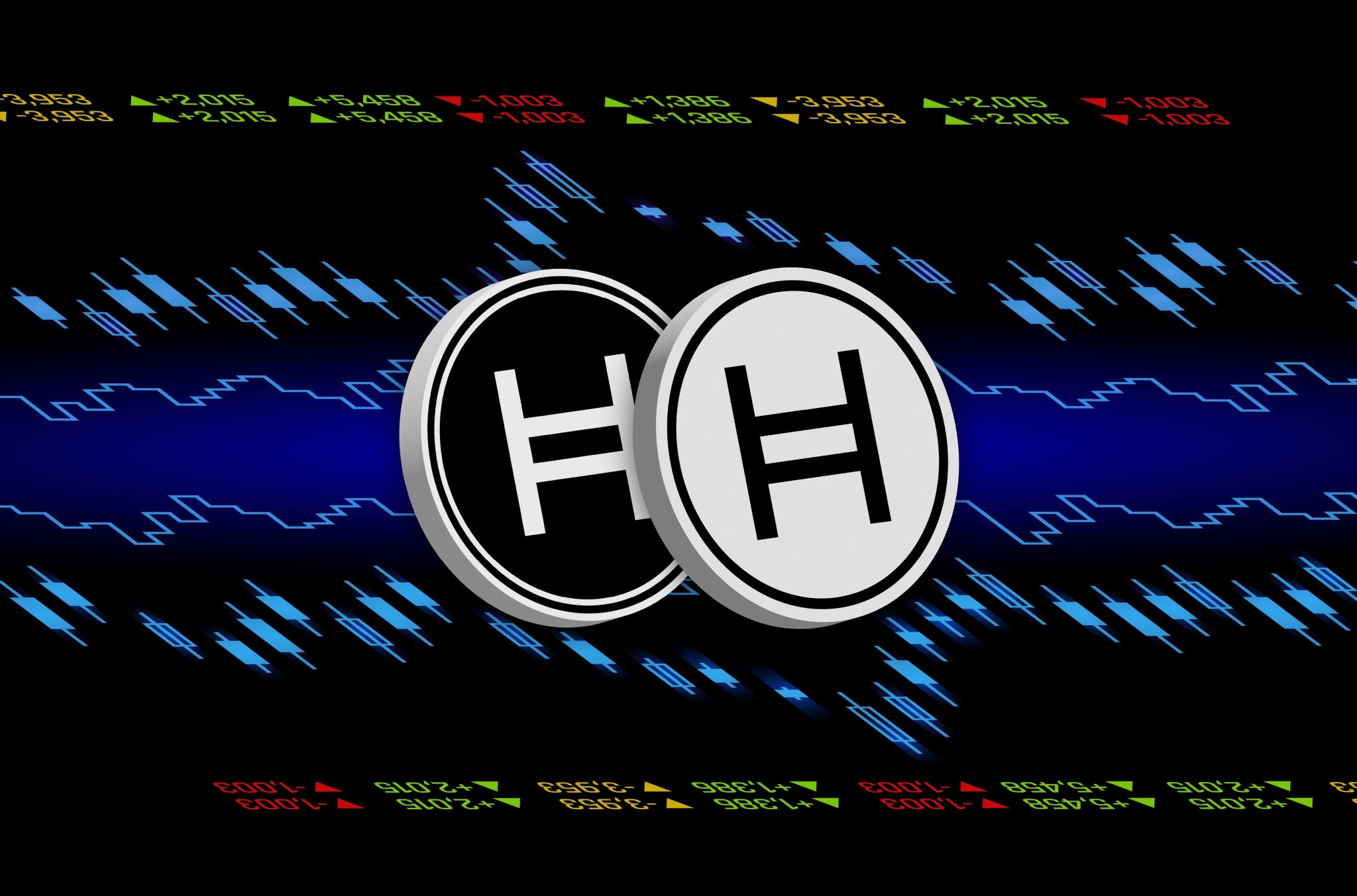 hedera hashgraph-hbar cryptocurrency images on digital background. 3d illustrations.