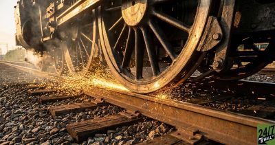 The low-angle perspective of a massive 19th-century locomotive creates a sense of unstoppable, concentrated force, directly mirroring the 'weight' of today's tech giants. The industrial grit contrasts with high-end financial news to stop the scroll through sheer physical scale.