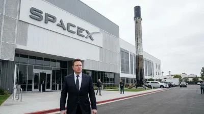 A man in a dark suit, Elon Musk, stands looking left in front of a modern white and grey building with a large 'SPACEX' logo. To the right of the building, a tall, slender rocket is displayed vertically. The sky is overcast.