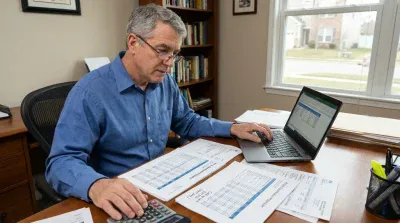 A middle-aged man with gray hair and glasses, wearing a blue button-up shirt, sits at a wooden desk in a home office. He is looking intently at a laptop displaying a spreadsheet and operating a calculator with his left hand. Several financial documents and papers, including one titled '401(k) Contribution Projection', are spread across the desk. Behind him, a bookshelf filled with books is visible to the left, and a large window looking out onto a residential street is to his right.