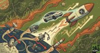 A stylized illustration of a SpaceX rocket and Tesla car flying upward through a stock market-themed space, while other space stock icons fall behind with red arrows.