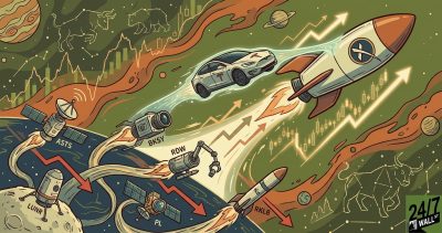 A stylized illustration of a SpaceX rocket and Tesla car flying upward through a stock market-themed space, while other space stock icons fall behind with red arrows.