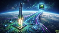 A futuristic digital illustration showing a SpaceX Starship rocket launching from a glowing circuit board with 'AI' and Nvidia chips. The rocket ascends towards a large Nvidia logo, connected by luminous data streams and binary code against a starry sky with Earth visible below. Green financial market charts with dollar signs are faintly visible in the upper background.