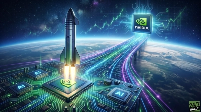 A futuristic digital illustration showing a SpaceX Starship rocket launching from a glowing circuit board with 'AI' and Nvidia chips. The rocket ascends towards a large Nvidia logo, connected by luminous data streams and binary code against a starry sky with Earth visible below. Green financial market charts with dollar signs are faintly visible in the upper background.