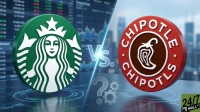 A 3D graphic showing the circular Starbucks logo on the left and the circular Chipotle Mexican Grill logo on the right, separated by a glowing 'Vs.' symbol. Behind Starbucks are financial charts and numbers, while behind Chipotle are blurred city skyscrapers. A question mark and two gears are placed below the 'Vs.', suggesting analysis or decision-making. The overall color scheme is dark blue, green, and red, with bright white text and logos. A '24/7 WALL ST' logo is in the bottom right corner.