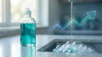 A clear glass bottle filled with blue-green dish soap sits on a white countertop next to a kitchen sink where water runs from a faucet, creating white bubbles. A glowing blue and green zigzag arrow, symbolizing an upward trend, is digitally overlaid across the image, moving from the left-middle towards the upper right.