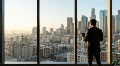A businessman, viewed from behind, stands at a large window, holding a tablet and looking out at a vast city skyline. The panoramic view features a mix of modern skyscrapers and older industrial buildings under a bright, slightly hazy sky. The scene is illuminated by warm, natural light, suggesting either early morning or late afternoon.