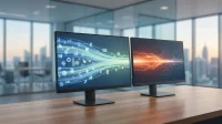 Two black computer monitors are positioned on a light brown wooden desk within a modern office. The background, blurred, features large windows revealing a city skyline at dusk. The left screen shows light blue and green abstract data waves interwoven with various business icons, while the right screen displays a vibrant orange and red data flow with circuit board patterns.