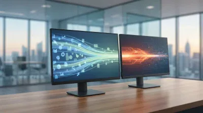 Two black computer monitors are positioned on a light brown wooden desk within a modern office. The background, blurred, features large windows revealing a city skyline at dusk. The left screen shows light blue and green abstract data waves interwoven with various business icons, while the right screen displays a vibrant orange and red data flow with circuit board patterns.