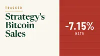 A two-panel graphic. The left panel, on a light beige background, features the gold text 'TRACKED' with a gold underline, followed by large dark green text 'Strategy's Bitcoin Sales'. The right panel, on a reddish-brown background with subtle horizontal lines, displays large white text '-7.15%' above smaller white text 'MSTR'.