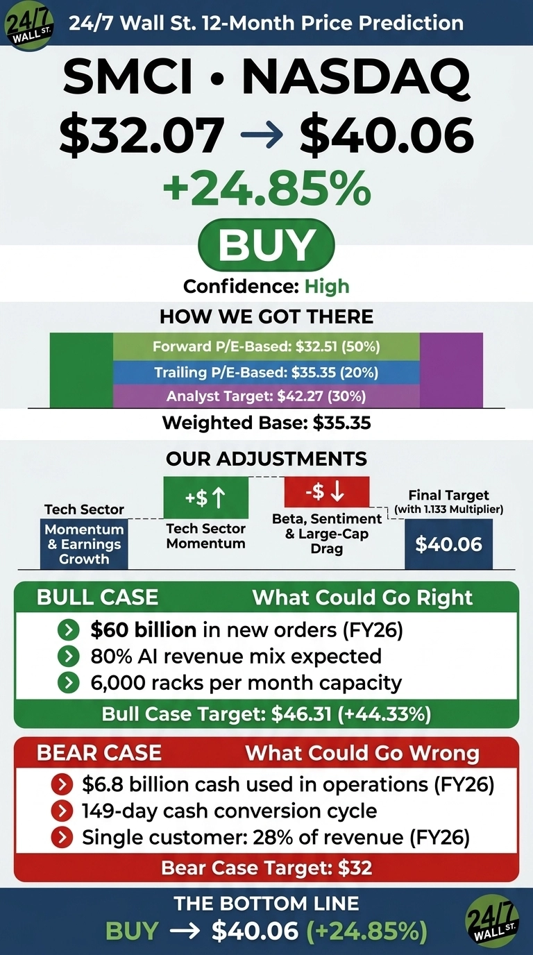 An infographic from 24/7 Wall St. titled 'SMCI 12-Month Price Prediction'. It displays the stock ticker SMCI, NASDAQ, with an initial price of $32.07 predicting a rise to $40.06, a +24.85% increase, and a 'BUY' recommendation with 'High' confidence. The 'HOW WE GOT THERE' section uses a horizontal bar chart to show a weighted base calculation of $35.35 from Forward P/E ($32.51, 50%), Trailing P/E ($35.35, 20%), and Analyst Target ($42.27, 30%). 'OUR ADJUSTMENTS' detail positive influences from 'Tech Sector Momentum & Earnings Growth' and 'Tech Sector Momentum', and negative influences from 'Beta, Sentiment & Large-Cap Drag', leading to a 'Final Target (with 1.133 Multiplier)' of $40.06. The green 'BULL CASE' section outlines potential upsides: $60 billion in new orders (FY26), 80% AI revenue mix expected, and 6,000 racks per month capacity, with a Bull Case Target of $46.31 (+44.33%). The red 'BEAR CASE' section lists potential downsides: $6.8 billion cash used in operations (FY26), 149-day cash conversion cycle, and a single customer accounting for 28% of revenue (FY26), with a Bear Case Target of $32. The infographic concludes with 'THE BOTTOM LINE: BUY → $40.06 (+24.85%)'.