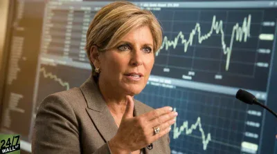 A woman with short blonde hair and a brown blazer speaks, gesturing with her right hand. She wears a prominent ring on her right ring finger and gold hoop earrings. Behind her, a large monitor displays financial charts with fluctuating green lines and data tables against a dark background. A black microphone is visible in the lower right foreground.