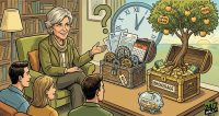 A comic-style illustration showing Suze Orman comparing a complicated 401(k) chest full of tax forms to a prosperous brokerage chest overflowing with gold and a money tree.