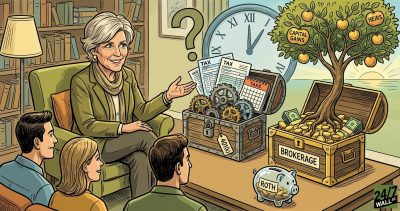 A comic-style illustration showing Suze Orman comparing a complicated 401(k) chest full of tax forms to a prosperous brokerage chest overflowing with gold and a money tree.