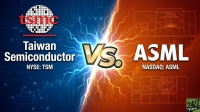 A graphic showing a comparison between Taiwan Semiconductor Manufacturing (TSMC) and ASML. The left side is blue with circuit board patterns, showing the TSMC logo, 'Taiwan Semiconductor', and 'NYSE: TSM'. The right side is orange with a diagram of an industrial machine, showing 'ASML' and 'NASDAQ: ASML'. A gold 'Vs.' symbol with lightning bolts splits the two sides.