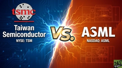 A graphic showing a comparison between Taiwan Semiconductor Manufacturing (TSMC) and ASML. The left side is blue with circuit board patterns, showing the TSMC logo, 'Taiwan Semiconductor', and 'NYSE: TSM'. The right side is orange with a diagram of an industrial machine, showing 'ASML' and 'NASDAQ: ASML'. A gold 'Vs.' symbol with lightning bolts splits the two sides.