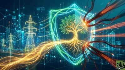 A digital illustration featuring a radiant, golden tree within a vibrant, glowing shield of green and blue light. On the left, illuminated power transmission towers are connected by golden energy lines that flow towards the shield and intertwine with dark, energetic tendrils on the right. The background is a dark blue, abstract cityscape with glowing data points, suggesting an interconnected energy network.