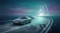 A dark grey electric sedan drives on a glowing, futuristic road featuring circuit board patterns. Barriers are broken and scattered on the road, suggesting obstacles overcome. In the distant background, a brightly glowing space shuttle is launching into a dark, gradient sky over an ocean, leaving a white smoke trail.