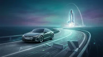 A dark grey electric sedan drives on a glowing, futuristic road featuring circuit board patterns. Barriers are broken and scattered on the road, suggesting obstacles overcome. In the distant background, a brightly glowing space shuttle is launching into a dark, gradient sky over an ocean, leaving a white smoke trail.