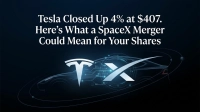 A dark blue graphic displays white text reading 'Tesla Closed Up 4% at $407. Here's What a SpaceX Merger Could Mean for Your Shares'. Below the text, the Tesla 'T' logo and SpaceX 'X' logo are prominently merged and glowing white. A faint, glowing blue outline of a car and abstract orbital lines with small data points create a futuristic circuit-like pattern in the background.
