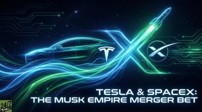 A futuristic digital graphic on a dark blue, starry background. A glowing blue outline of a Tesla car is positioned on the left, trailing vibrant blue and green light streams. On the top right, a blue outline of a rocket launches, emitting green exhaust and light trails. A large, bright 'X' shape, formed by intertwining blue and green luminous lines, diagonally crosses the center of the image. The white Tesla 'T' logo is visible near the car, and the white SpaceX 'X' logo in a circle is near the rocket. Circuit board patterns are subtly visible in the background. Text at the bottom reads 'TESLA & SPACEX: THE MUSK EMPIRE MERGER BET' and a '24/7 WALL ST' logo is in the bottom left.