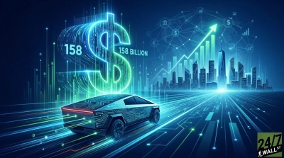 A vibrant digital illustration in shades of blue and green. A futuristic car with circuit board patterns drives on light-trail roads towards a glowing cityscape. Above, a large, glowing dollar sign shows '158 BILLION.' In the background, an upward-trending graph and a global network illustrate financial growth.