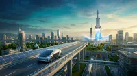 A dynamic, futuristic cityscape at dawn or dusk. An elevated highway, lined with solar panels, curves through the scene, with a sleek, silver autonomous electric vehicle driving on it. In the background, tall skyscrapers rise, and a large multi-stage rocket is captured mid-launch from a distant launchpad, its engines emitting bright blue exhaust plumes. Green trees and other modern infrastructure complete the vibrant, forward-looking urban landscape under a teal and orange sky.