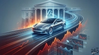 A futuristic silver Tesla Model S car drives on a glowing blue and orange road that curves upwards past a large, neoclassical white building resembling a courthouse. A translucent, glowing blue gavel hovers above the car. Below and to the right of the road are vibrant orange and blue stock market charts with upward trends, some displayed on floating screens. The '24/7 WALL ST' logo is in the bottom right corner.
