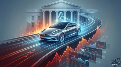 A futuristic silver Tesla Model S car drives on a glowing blue and orange road that curves upwards past a large, neoclassical white building resembling a courthouse. A translucent, glowing blue gavel hovers above the car. Below and to the right of the road are vibrant orange and blue stock market charts with upward trends, some displayed on floating screens. The '24/7 WALL ST' logo is in the bottom right corner.