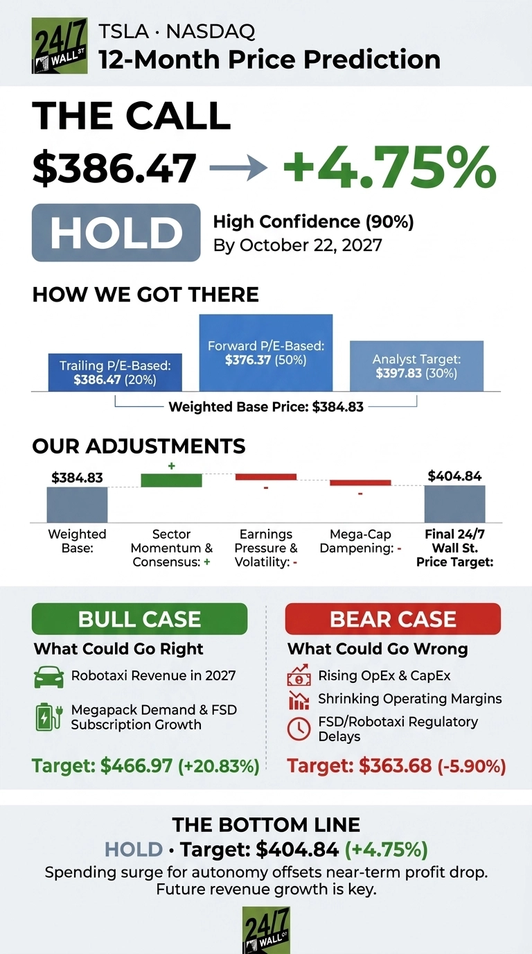 An infographic titled 'TSLA • NASDAQ 12-Month Price Prediction'. The call section shows the price $386.47 moving to +4.75%, with a 'HOLD' rating and 'High Confidence (90%)' by 'October 22, 2027'. A section 'HOW WE GOT THERE' shows a 'Weighted Base Price: $384.83' derived from 'Trailing P/E-Based: $386.47 (20%)', 'Forward P/E-Based: $376.37 (50%)', and 'Analyst Target: $397.83 (30%)'. 'OUR ADJUSTMENTS' shows a bar chart starting at '$384.83', increasing for 'Sector Momentum & Consensus: +' and decreasing for 'Earnings Pressure & Volatility: -' and 'Mega-Cap Dampening: -', ending at a 'Final 24/7 Wall St. Price Target: $404.84'. 'BULL CASE' details 'Robotaxi Revenue in 2027' and 'Megapack Demand & FSD Subscription Growth' with a target of '$466.97 (+20.83%)'. 'BEAR CASE' lists 'Rising OpEx & CapEx', 'Shrinking Operating Margins', and 'FSD/Robotaxi Regulatory Delays' with a target of '$363.68 (-5.90%)'. The bottom line states 'HOLD • Target: $404.84 (+4.75%)' and summarizes: 'Spending surge for autonomy offsets near-term profit drop. Future revenue growth is key.'