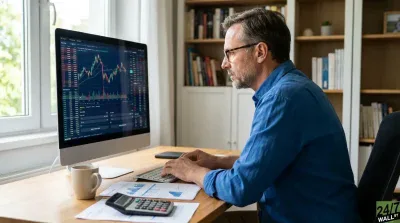 A middle-aged man with short, graying hair and glasses, wearing a blue button-up shirt, sits at a wooden desk, intently looking at a large computer monitor. The monitor displays detailed financial charts, graphs, and stock data. His hands are positioned over a keyboard. On the desk, there is a coffee mug, a calculator, and several financial documents with charts and graphs. In the background, a window is visible on the left, and a white bookshelf filled with books is behind the man.
